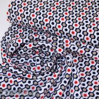 Leichter Blusen und Kleiderstoff RETRO KREISE weiß blau rot – Viscose Druck Leichter Blusen und Kleiderstoff RETRO KREISE weiß blau rot – Viscose Druck