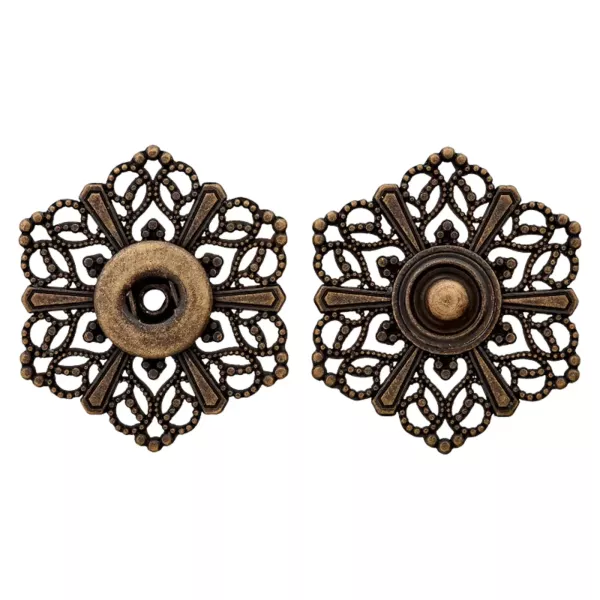Dekorativer Annäh-Druckknopf aus Metall 32mm altmessing mit floralem Muster