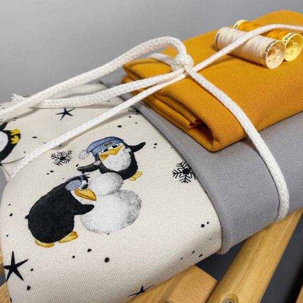 Simply Happy Stoffpaket ❄️ Winterzauber ❄️ Pinguin + Kombistoff grau gelb + Kordel & Garn