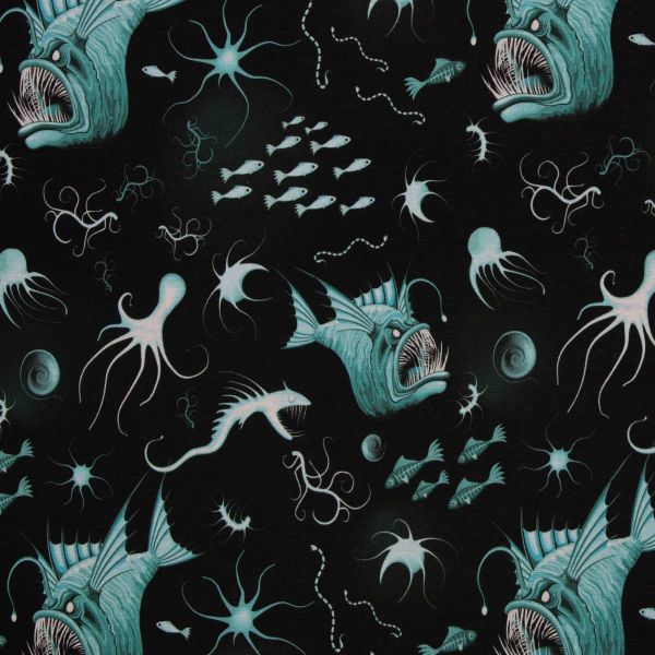 Alpenfleece schwarz mit Tiefsee Laternenfisch türkis – kuschelweicher Babysweat Nicki Wintersweat