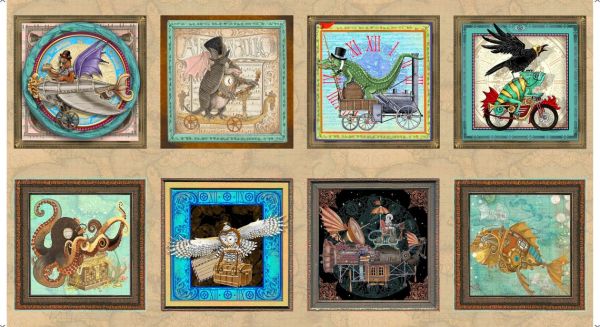 Baumwolle Steampunk 8 Tierbilder - Fantasy & Fiction Panel 60x110cm