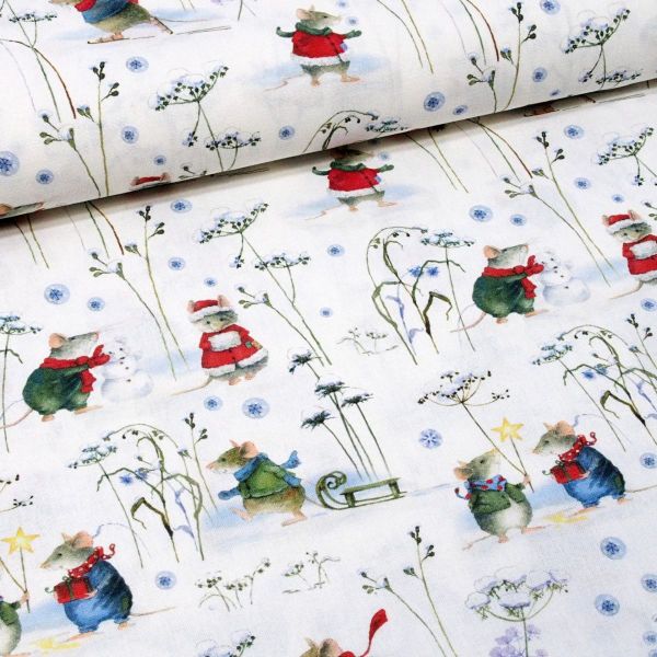 acufactum Wintermäuse - Baumwolle mit kleinen Mäusen und Schneemännern