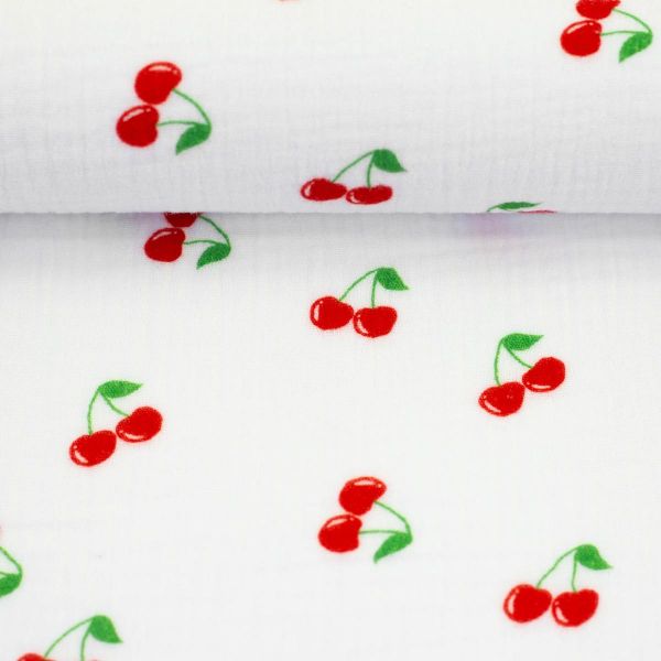 Baumwolle Musselin Kirschen weiß rot – Double Gauze Cherry Thea by Swafing