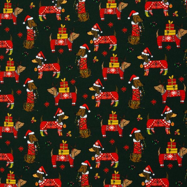 Sweat mit Dackel Hunden dunkelgrün für Winter und Weihnachtsprojekte - French Terry Holly by Swafing