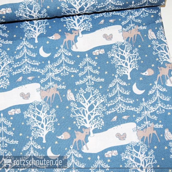 Baumwolle Reh Igel Eule Tannenbaum dunkelblau - Serie Kitzbühel von Westfalenstoffe Winterwald