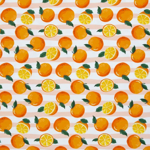 Jersey mit Streifen in apricot und leckeren Orangen – frisches Obst aus der Serie Melody von Swafing