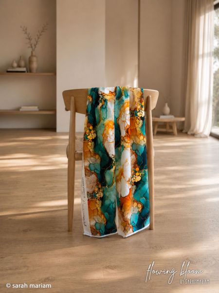 Flowing Bloom French Terry petrol-smaragd-orange – Swafing Design