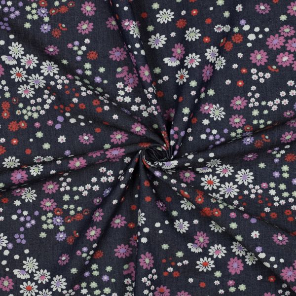 Baumwolle im Jeans Look blau mit kleinen Blüten