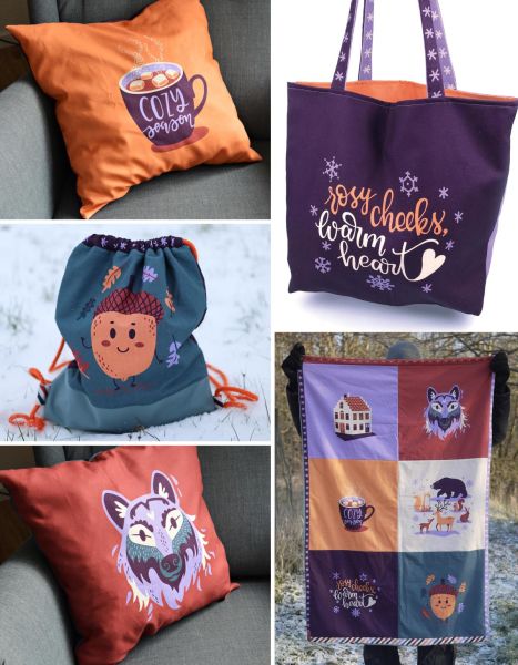 DIY Set Kissen Taschen Rucksack Quilt nähen - Baumwolle Rosy Cheeks 95cm Rapport Winter Wunderland