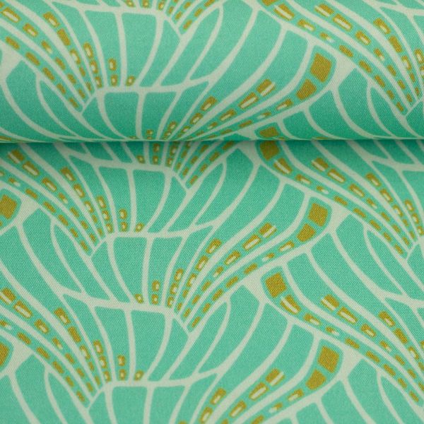 Viskose Webware Retro Blüten mint - Art-Déco Serie Vienna Coral von Swafing