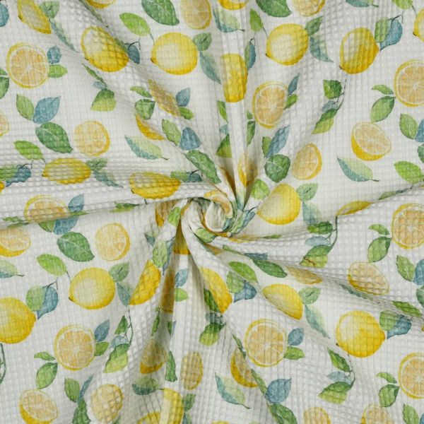 Waffelpiqué weiß Fresh Lemon – Baumwollstoff mit Aquarell Zitronen