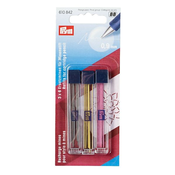 PRYM 3x6 Kreidestift Minen gelb pink schwarz 0,9mm Nachfüller für den Kreidestift Markierstift