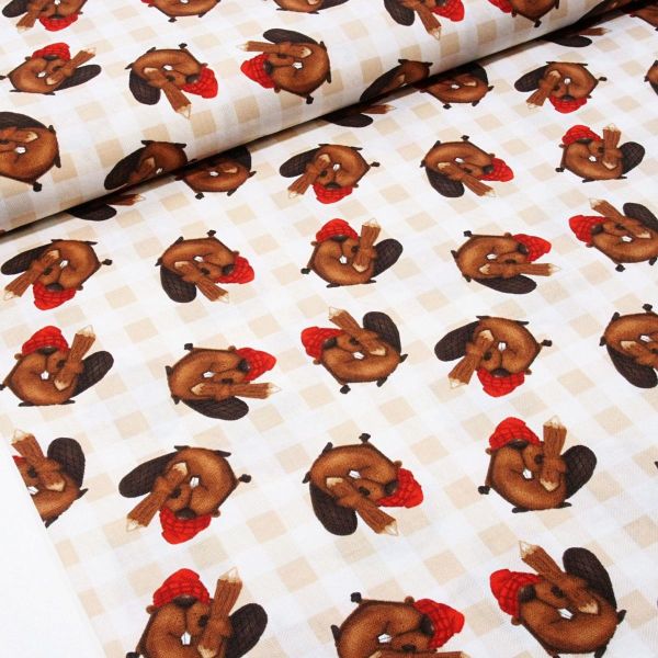 Baumwolle Biber mit Zipfelmütze auf Karo beige - Timber Gnomies xmas beaver