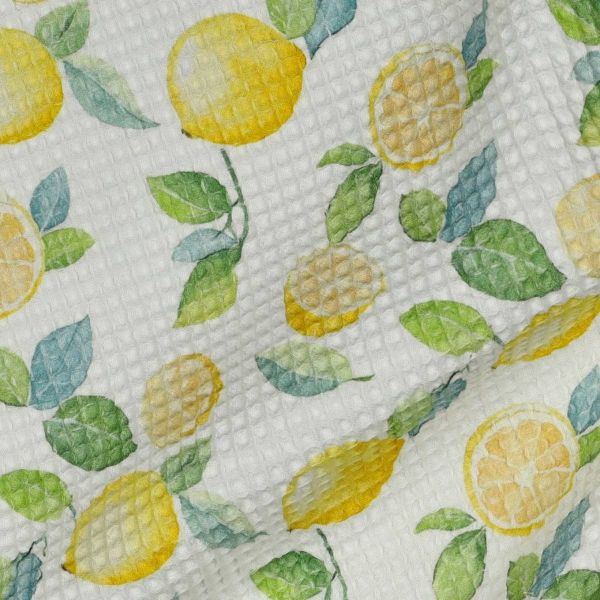 Waffelpiqué weiß Fresh Lemon – Baumwollstoff mit Aquarell Zitronen