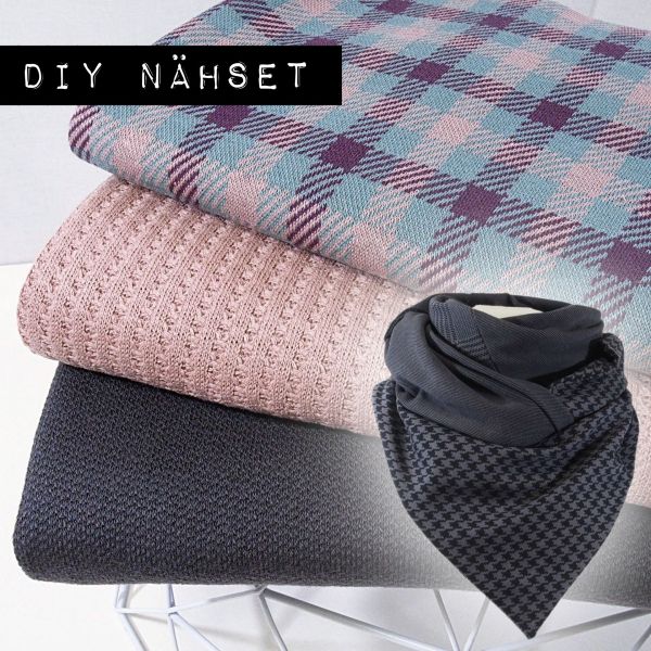 3 Stoffzuschnitte für ein Maxi Dreieckstuch aus Strick karo beere mint grau • Maxituch mit Twist