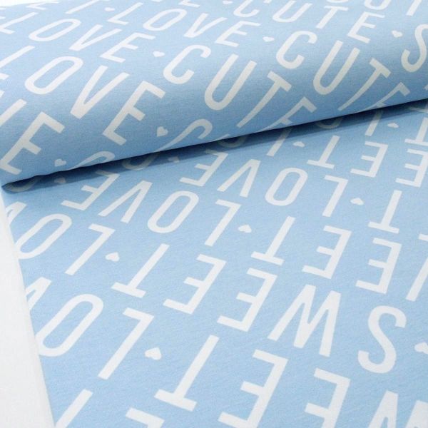 Sweat Cute Love Sweet Herzen hellblau – French Terry Schrift by Ilja Fabrics