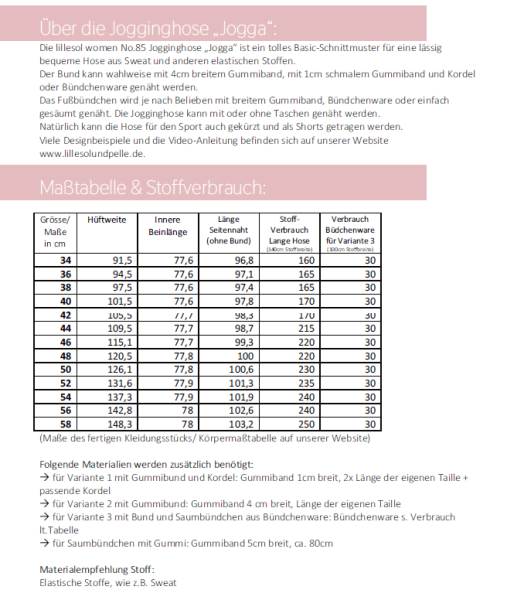 Schnittmuster Jogginghose Jogga für Damen Lillesol woman No.85 Gr. 34-58