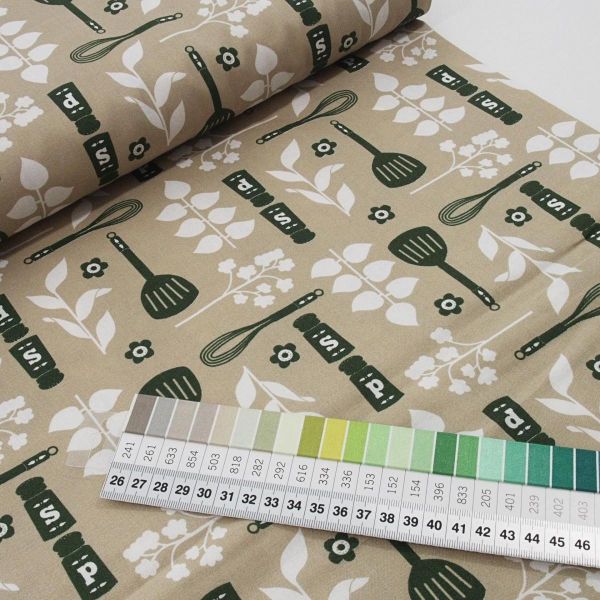 Baumwolle Kücheutensilien Salz Pfeffer Kräuter beige dunkelgrün Retro von Westfalenstoffe Living