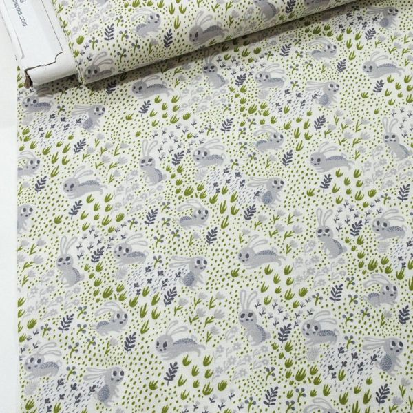 Baumwolle kleine Hasen grau oliv - Forest Babes Bunnies by Helen Dardik Clothwork