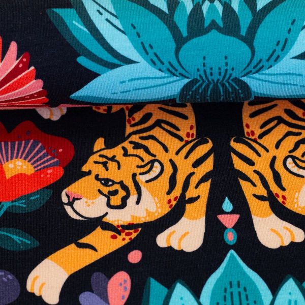 Modal Sweat Elefanten Tiger Blüten bunt - French Terry Design Kanani by Käselotti von Swafing