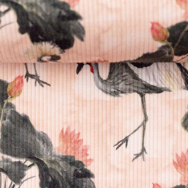Rippjersey Kranich Seerosen Blüten coral – Serie Mia gerippter Jersey von Swafing