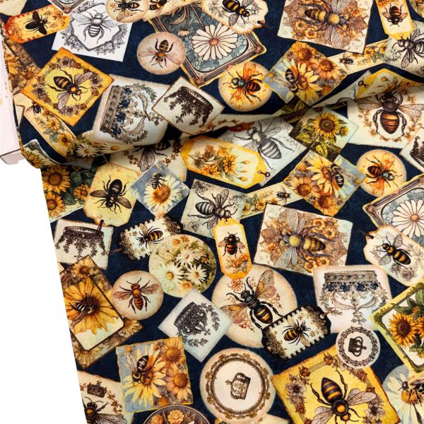 Baumwollstoff Queen Bee Collage navy – Patchworkstoff mit Bienen