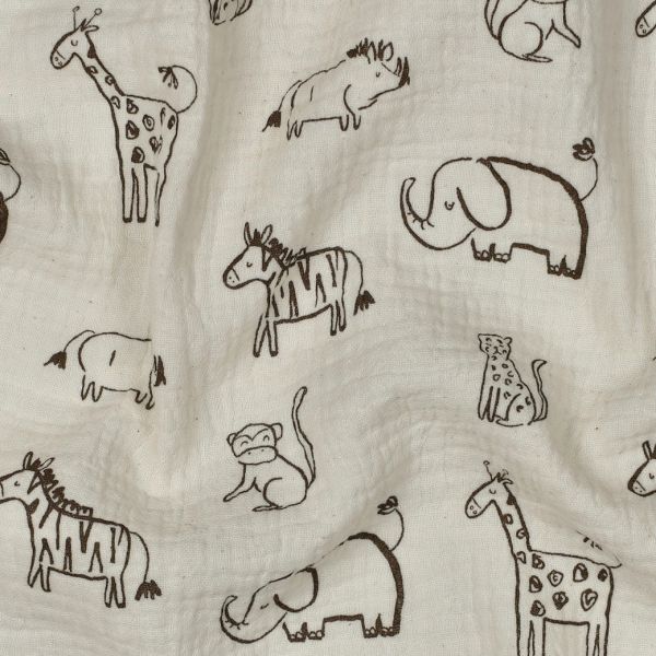 Musselin mit Tieren Zebra Elefant Giraffe Leopard – Double Gauze Safari Animals sand