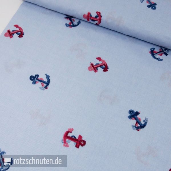 Chambree mit Stickerei Anker maritim - Baumwolle hellblau rot Embroidery