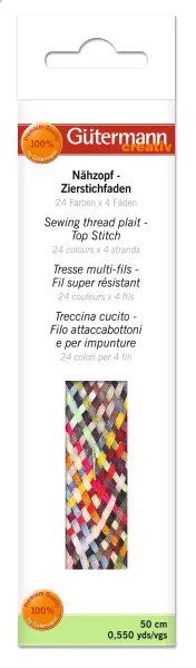 Gütermann Nähzopf – Zierstichfaden 24 Farben x 4 Fäden (50 cm) + Nähnadel