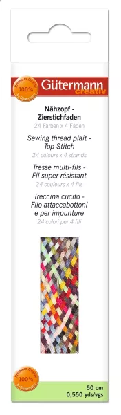 Gütermann Nähzopf – Zierstichfaden 24 Farben x 4 Fäden (50 cm) + Nähnadel