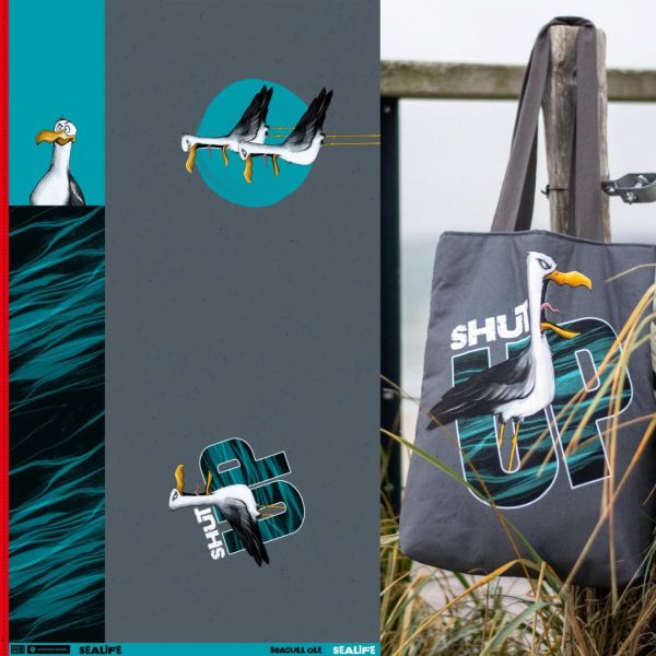 Dekostoff Möwe Ole "Shut up!" von Thorsten Berger - für Kissen Taschen 90x140cm