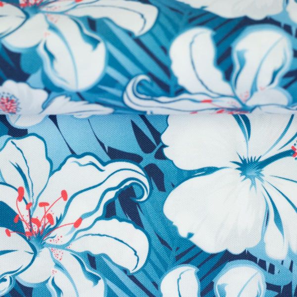 Polo Piqué Jersey Tropical Hibiskus Blüten blau - Serie Malta by Swafing