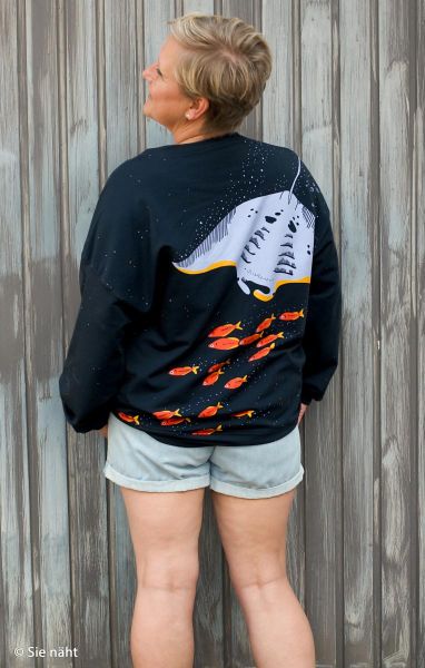 Maritimer Sweat navy mit Oktopus und Mantarochen by Käselotti – 150cm Panel French Terry