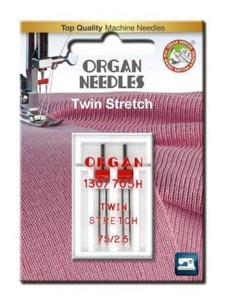 ORGAN Nähmaschinen Nadeln – 2x TWIN STRETCH 75/2,5 - Doppel Flachkolbennadel für Jersey und Strick