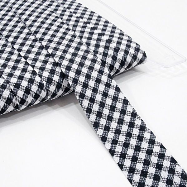 Breites Schrägband schwarz kariert 60/30mm gefalzt – Fb. 1 Vichykaro schwarz