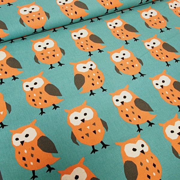 Kokka Leinenstoff Serie Trefle Nordic Animal - Eule altrosa auf Mint