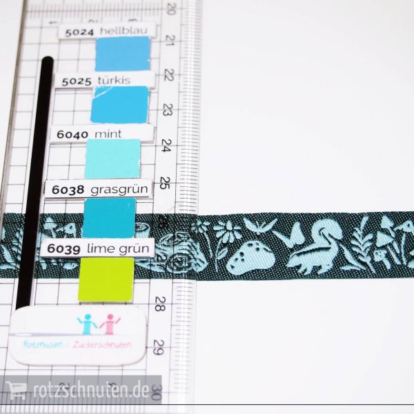 Webband Borte Wald Dachs petrol wendbar – 1,6cm breit – Ribbon Tula Pink