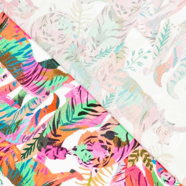 Viskose Stoff mit ausgefallenem Tiger Muster in rot pink grün für Kleider Blusen