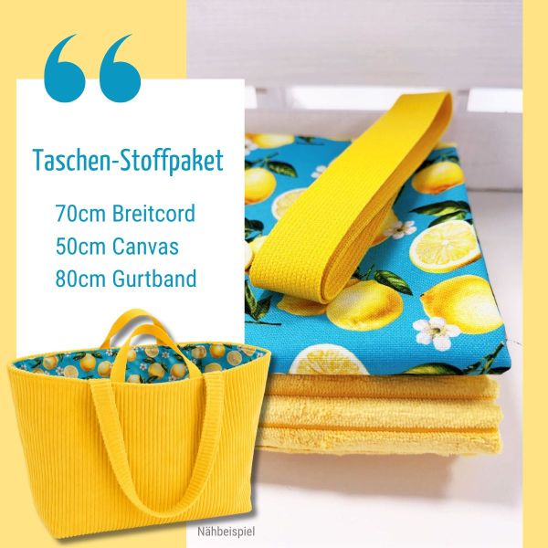 Taschen-Stoffpaket gelb – Breitcord, Zitronen Baumwollstoff & Gurtband