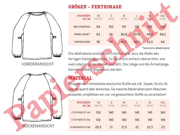 Schnittmuster FRAU CAJA • Raglanpullover mit Blousonärmeln von Studio Schnittreif • Gr. XS-XXL
