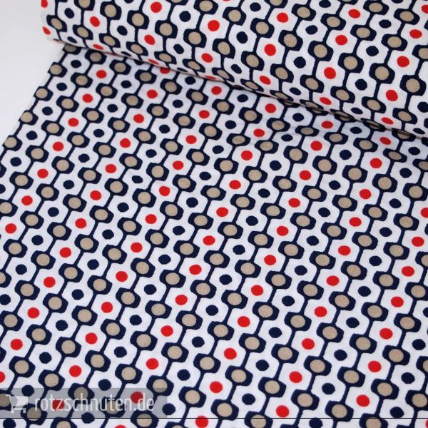 Leichter Blusen und Kleiderstoff RETRO KREISE weiß blau rot – Viscose Druck