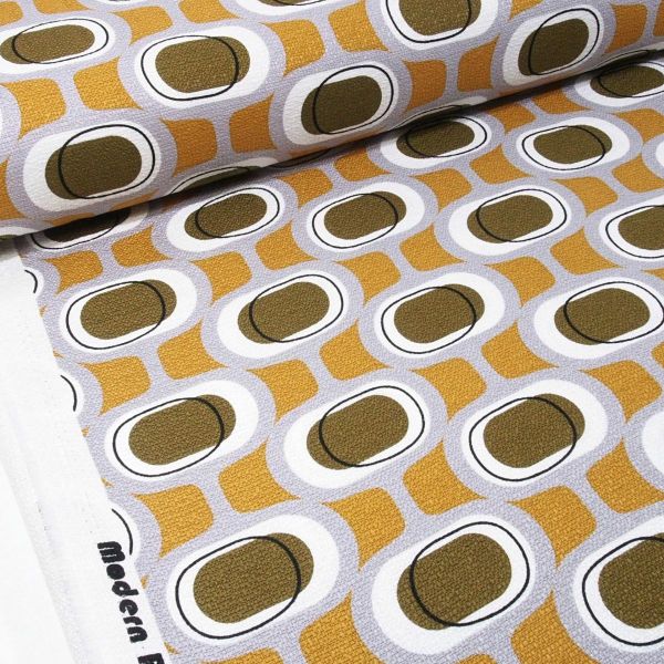 Bio Baumwolle Maxi Perlenkette oliv senf - Modern Retro Barkcloth Orbs Dekostoff