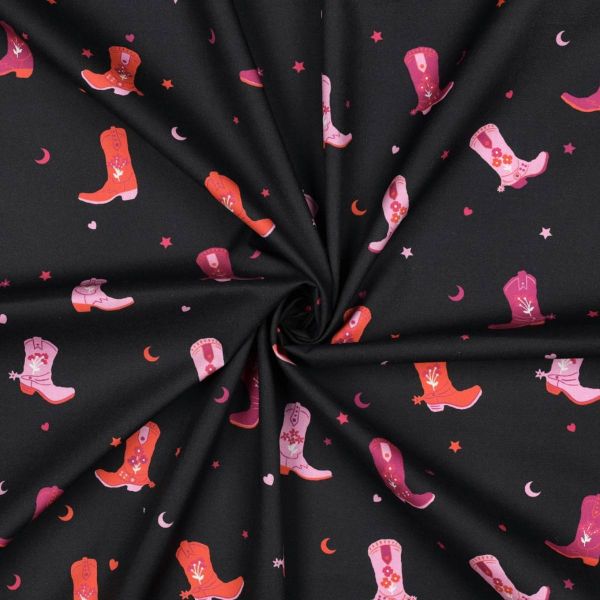 Baumwolle Popeline Cowboy Boots schwarz – Poppy Fabrics