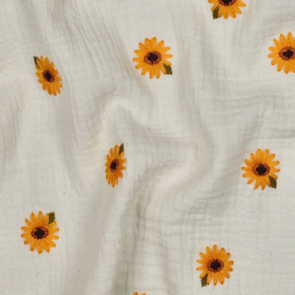 Musselin mit Stickerei Sonnenblume – Double Gauze Embroidery Sunflowers aus 100% Baumwolle