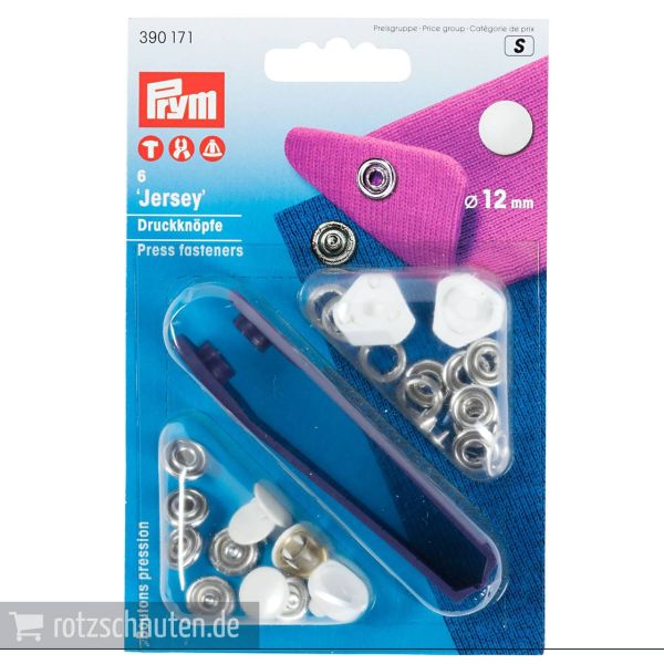 6 Jersey Druckknöpfe PRYM – 12mm weiß mit Kappe und Werkzeug - Metall Druckknopf