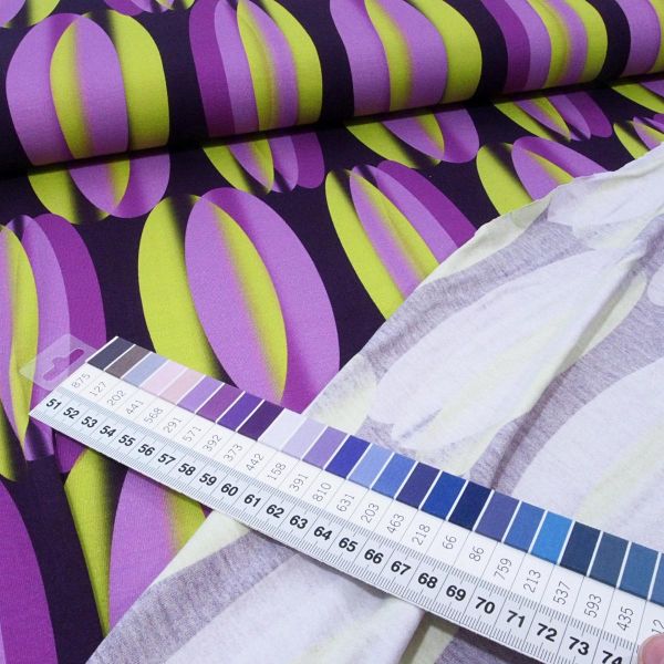 Viskose Jersey RETRO STYLE - Tulpen Tapeten Muster apfelgrün lila Vintage