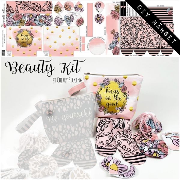 Nähset Beauty Kit FLOWER von Cherry Picking Kosmetiktasche Schlafbrille Scrunchie - Panel 50x150cm-