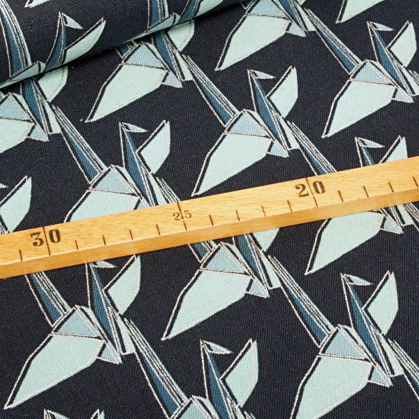 Kokka Leinenstoff Origami-Kranich petrol auf Dunkelblau mit Silber Metallic Print