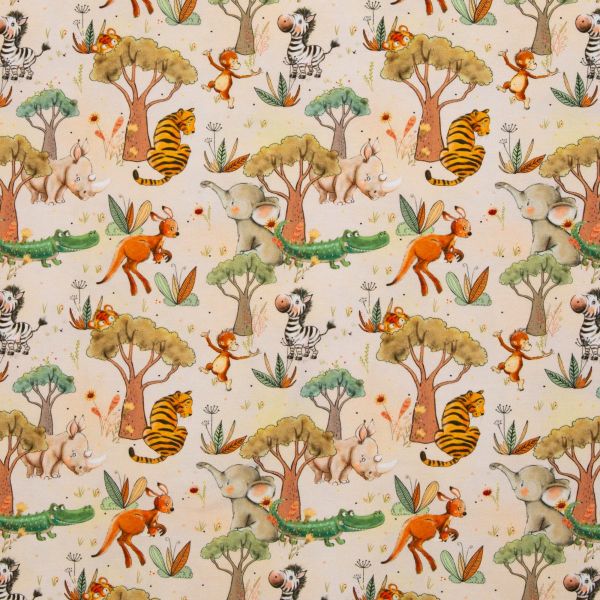 Jersey mit Zebra Elefant Tiger Krokodil Nashorn Känguru und Äffchen auf beige – Serie Safari Animals