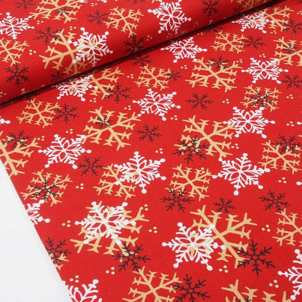 Baumwolle Schneeflocken rot gold - Timber Gnomies Snowflakes red